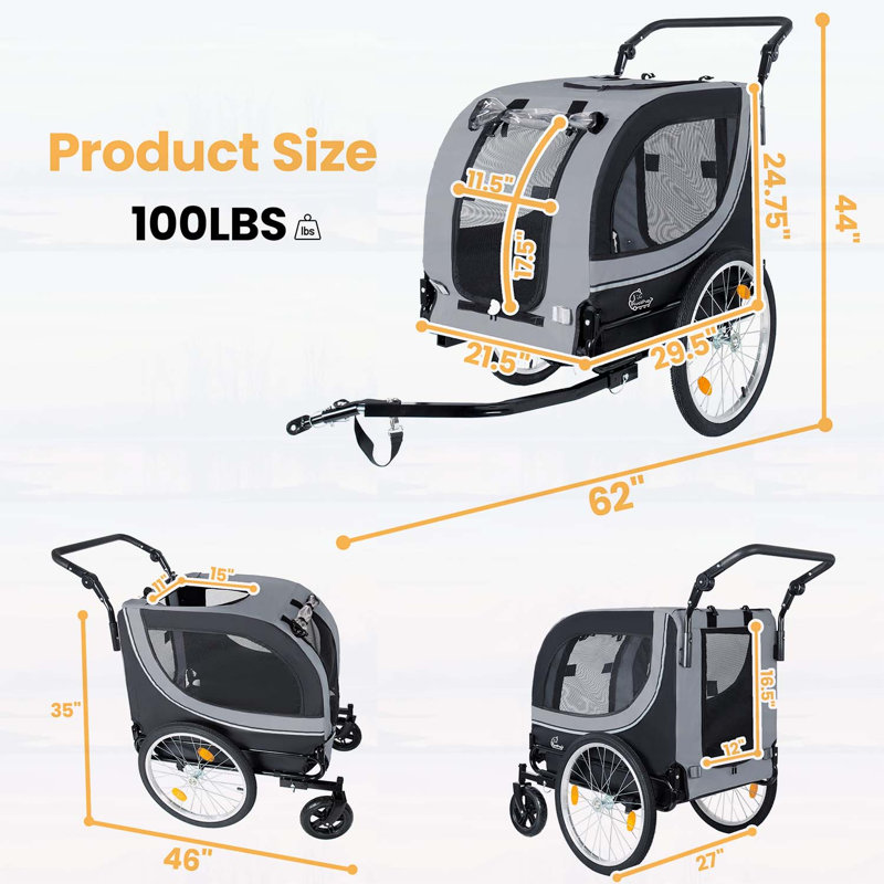 Remorque 2 en 1 et poussette pour animaux de compagnie pour chiens pesant jusqu'à 100 lb - pliable avec roues de 8 po et 20 po, filet et housse de pluie, gris