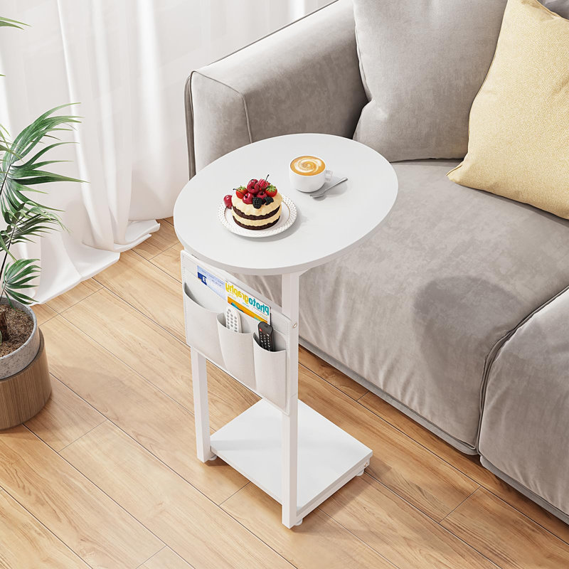 C Shaped End Table For Couch, Side Table For Couch, Small Couch Side Table For Small Spaces, Slide Under Sofa Table TV Tray With Metal Frame For Living Room, Bedroom (White)