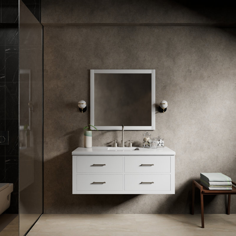 Castor 48" W x 22" D Single Bath Vanity, 43" Mirror & Chrome Faucet Set, White, White Cultured Marble