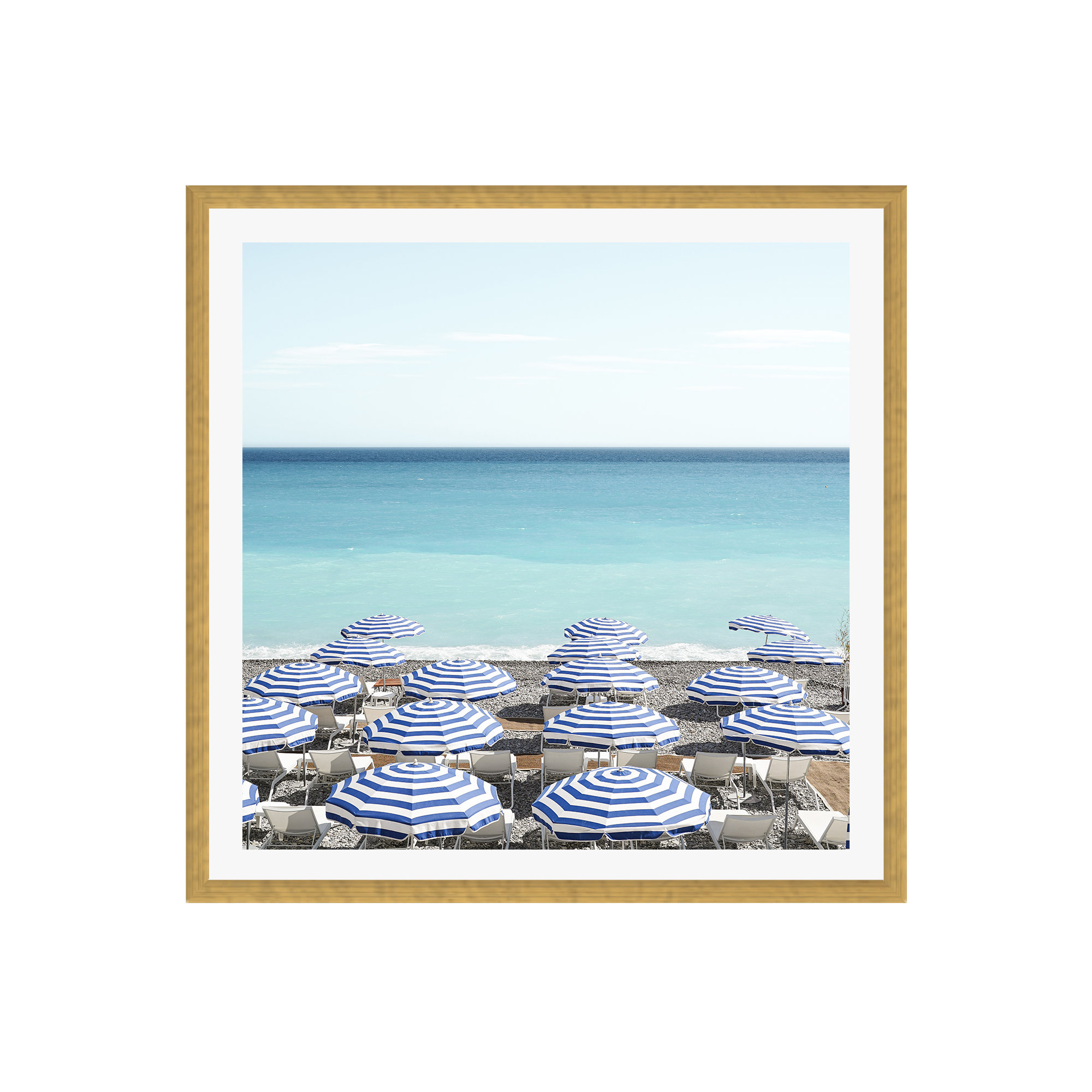 Blue Beach Umbrellas Photo by Henrike Schenk, Gold Framed Paper, 20" H x 20" W x 0.75" D, Yes