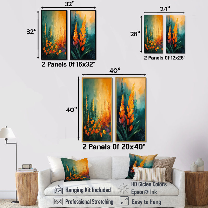 «Yellow Wildflower Storm Bloom I - Wildflowers», ensemble de 2 pièces d'art mural, H 40 po x l 40 po, Toile tendue encadrée