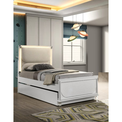 Lit simple tapissier blanc perlé de style contemporain avec lit gigogne, tête de lit à DEL et tube en acrylique, meuble de chambre à coucher avec éclairage en tube, décoration