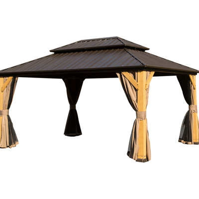 10X14ft Outdoor Wood , Providing Shade For Patio, Backyard, Deck, Lawn Gazebo With Frame & Galvanized Steel Roof,