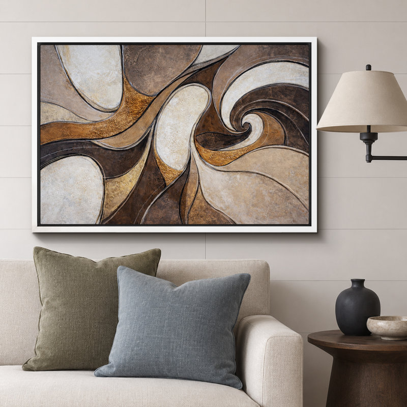 Œuvre abstraite de courbe fluide or brun, images de salon de luxe, impression sur toile encadrée, impression numérique