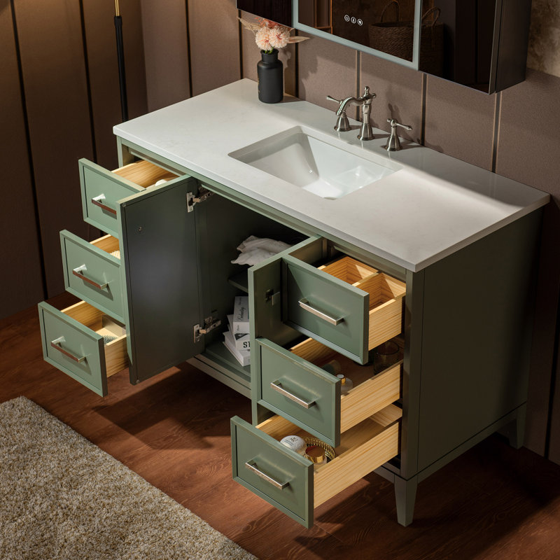 Meuble-lavabo simple 48 po avec plateau en marbre d'ingénierie, Vintage Green