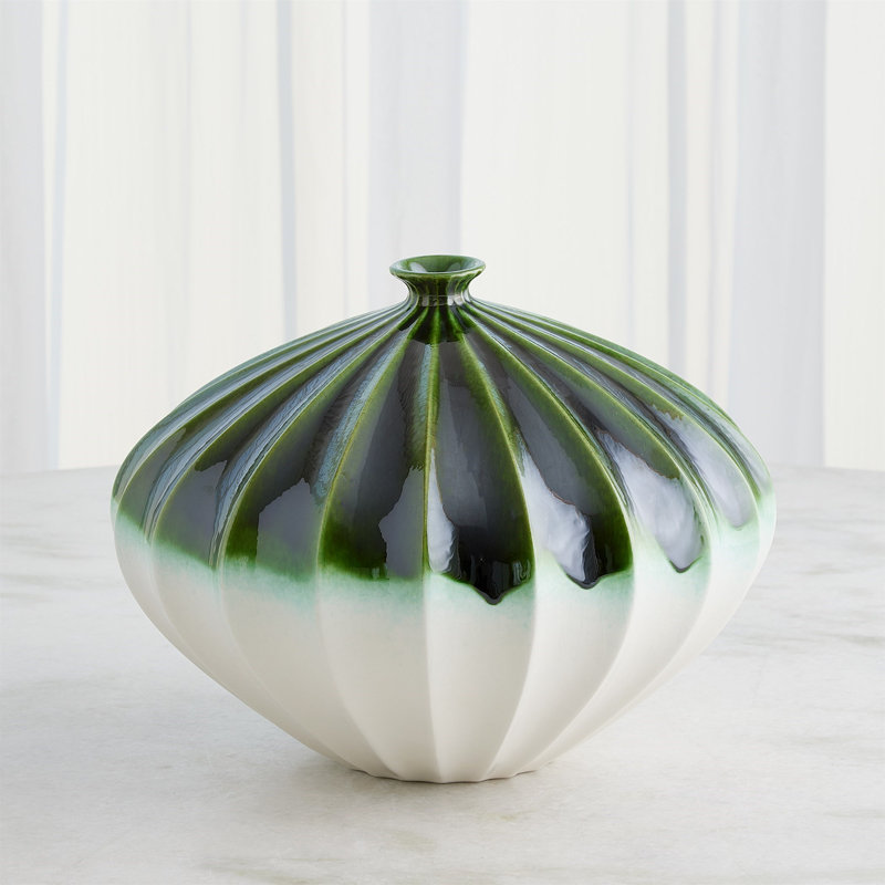 Furrow Handmade Ceramic Table Vase, 11" H x 15" W x 15" D, Deep Green