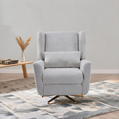 Fauteuil inclinable à oreilles en tissu avec bouton-poussoir électrique et base pivotante dorée, idéal pour jouer et lire dans le salon.