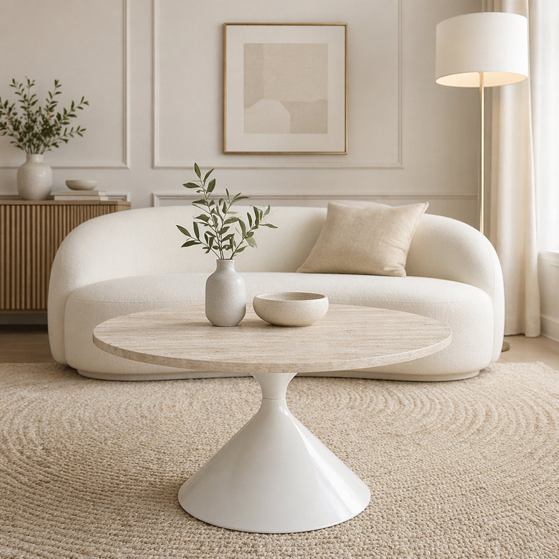 Ensemble de 2 tables basses rondes, plateau de table à motif noir avec base en acier, Blanc / Blanc