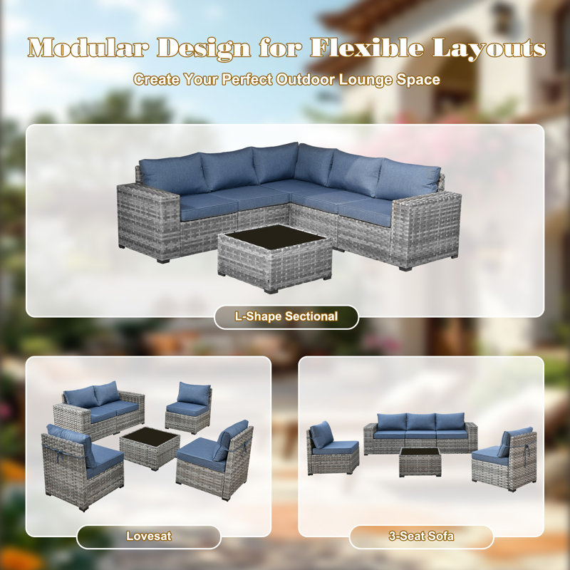 Bobia 7-Piece Modular Outdoor Sectional Sofa Set with 42'' Fire Pit Table, L-Shaped Patio Conversation Set for 5,  Denim Blue