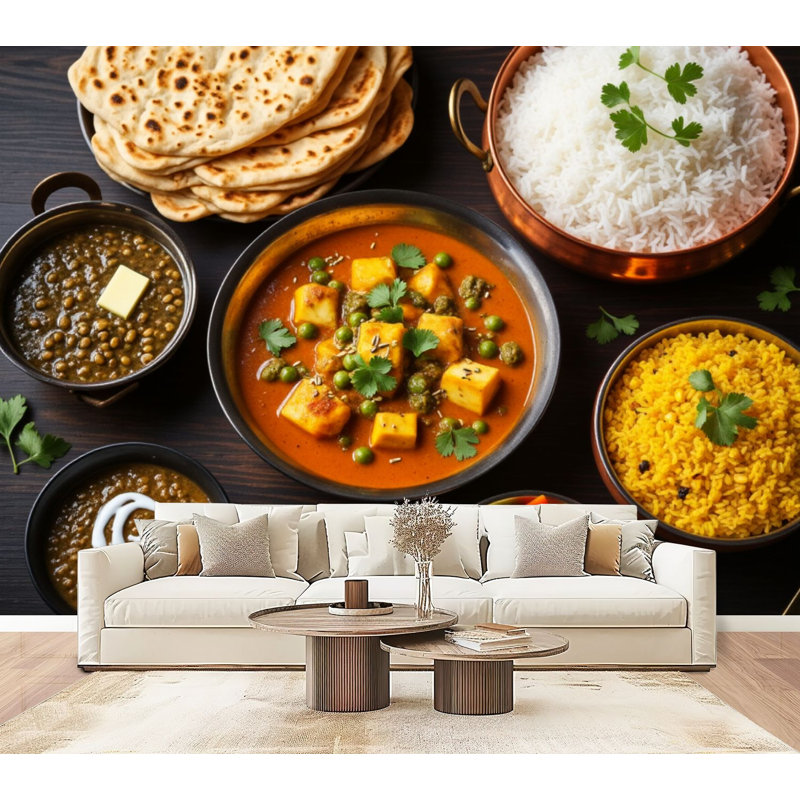 Papier peint adhésif à peler et coller coloré de cuisine indienne à motif de salade fraîche Paneer Curry Dal Riz Naan