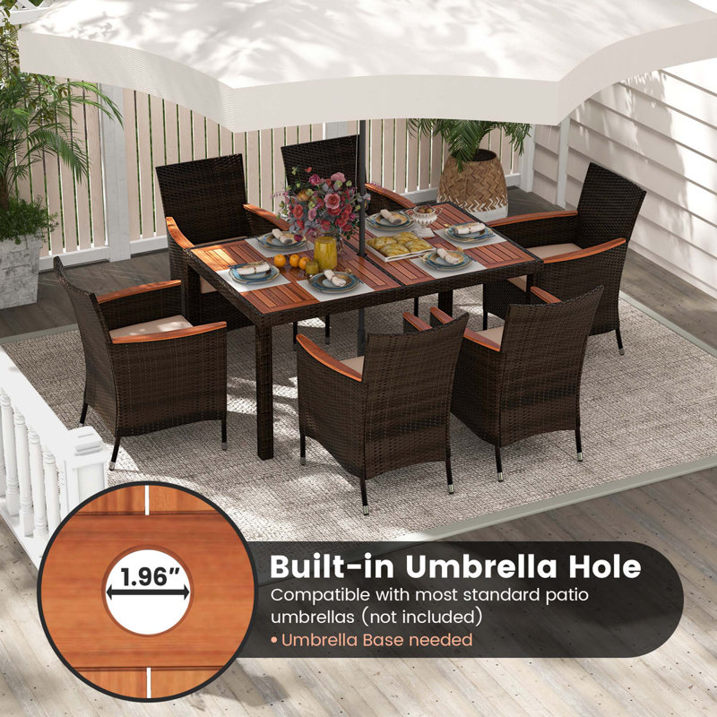 7-Piece Brown Wicker and Acacia Wood Outdoor Dining Set