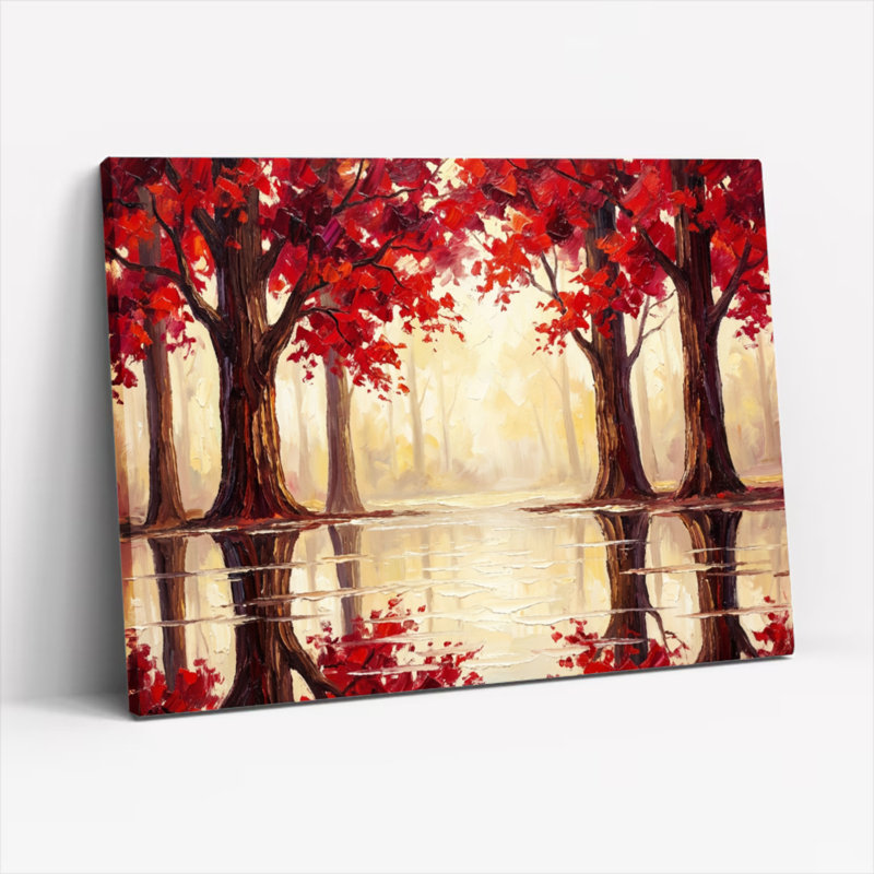 Tableau sur toile tendue représentant des arbres rouges d'automne, idéal pour décorer le salon, la chambre à coucher ou la maison.
