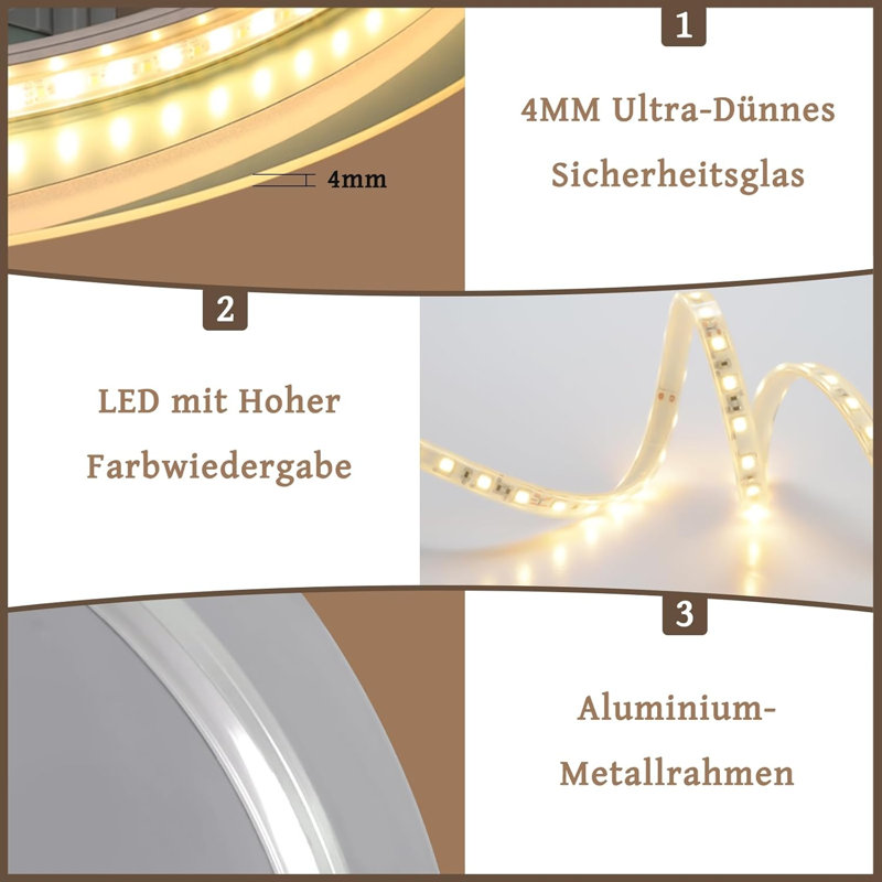 Wall mirror bathroom mirror round LED with lighting touch dimmable, 80 cm H x 80 cm W