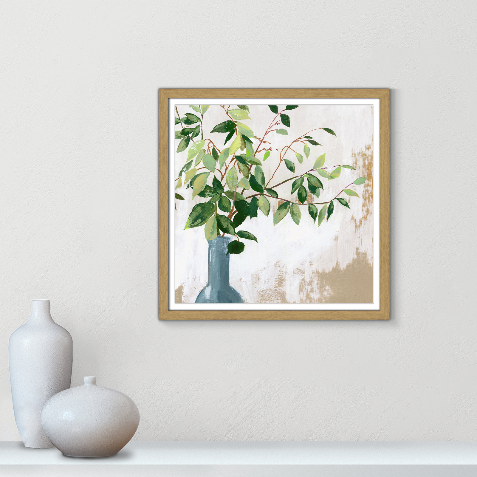 Green Fall Leaves by Asia Jensen - Picture Frame Painting, 17" H x 17" W x 0.75" D, Natural Framed