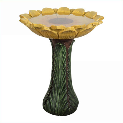 Bird Baths | 24.4" Tall Outdoor Weather Resistant Mustard Yellow Sunflower Bird Bath for Garden Patio | Yellow; Green | Concrete Cement