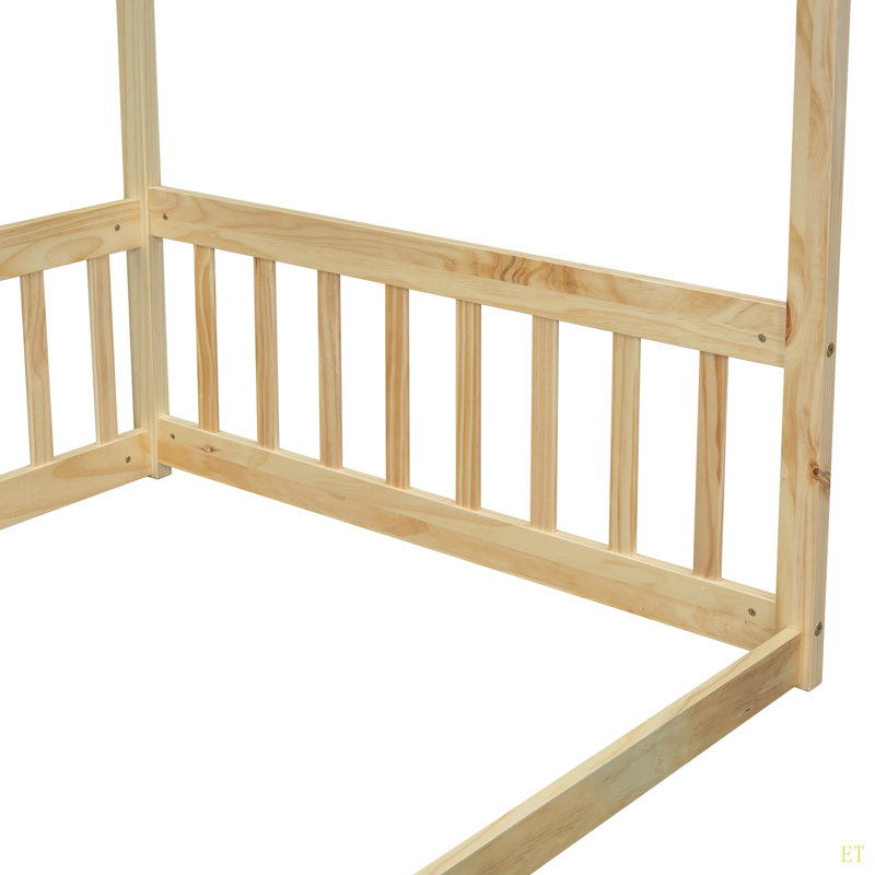 Canopy Frame Floor Bed With Fence, Guardrails, Natural, Twin