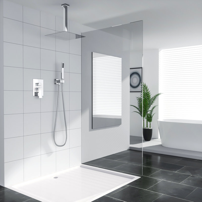 16" Square Ceiling Mounted Rainfall Shower System Dual Shower Head, Chrome Polish