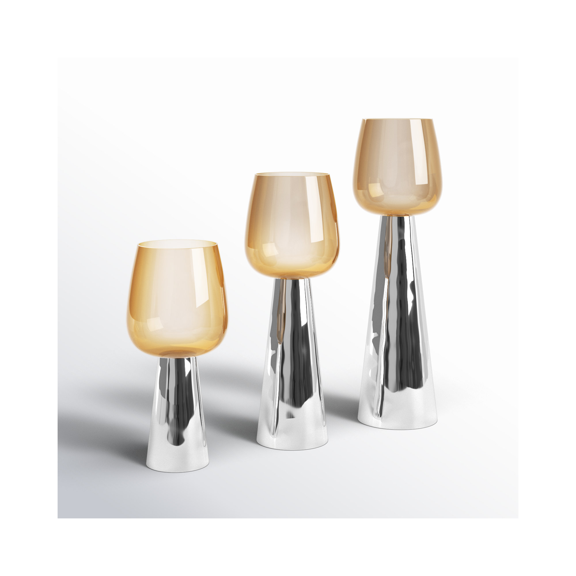 Merriweather 3 Piece Tabletop Candle Stand Set, Polished Silver