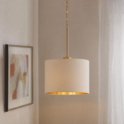 1-Light Gold Single Drum Pendant With Gray Fabric Shade