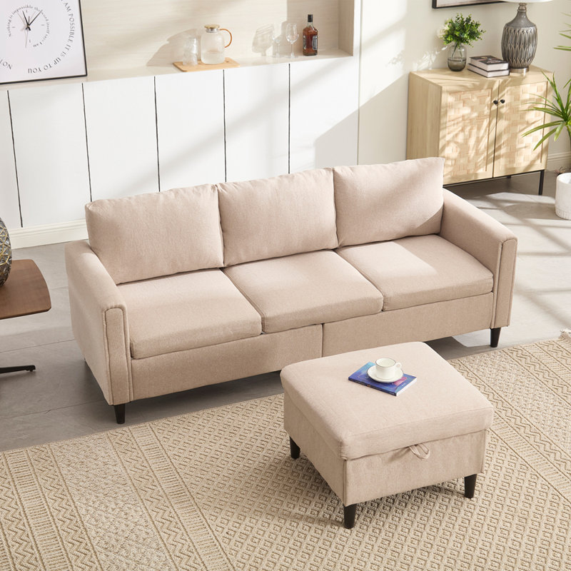 Petit canapé à 3 places avec méridienne avec rangement, canapé en L pour appartement, espaces compacts, Velours beige