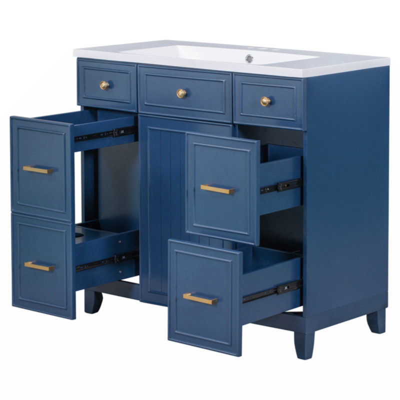 Meuble-lavabo simple avec plateau en bois massif et bois aggloméré Oaklei 18, Bleu marine