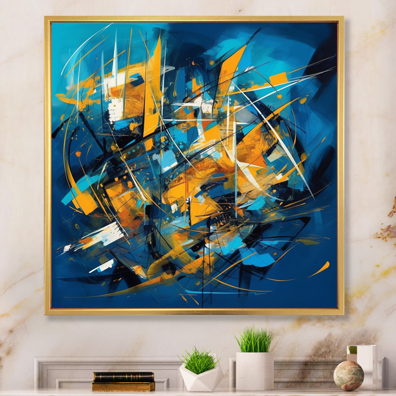 Nitsch bleu et jaune pierre fluide III sur toile, H 16 po x l 16 po, Cadre flottant doré