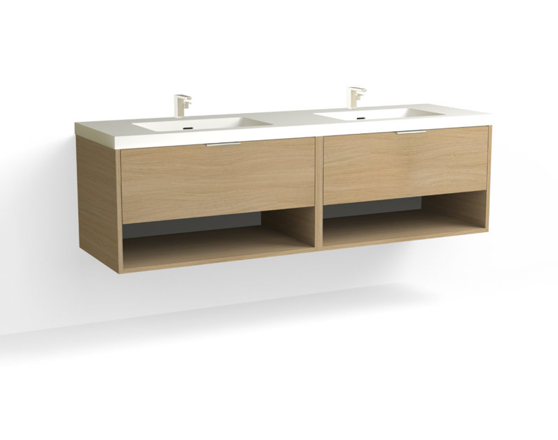 Modo 72" W Wall Mounted Double Bathroom Vanity, Matte White/Single, Biondo, Satin Brass