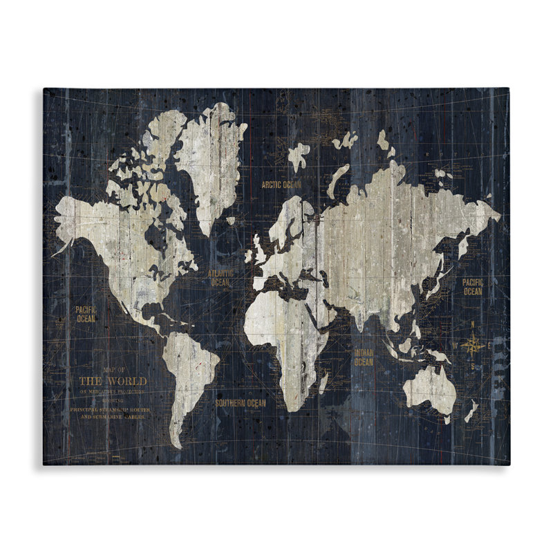 Distressed Antique World Map Canvas Art in Rustic Frame