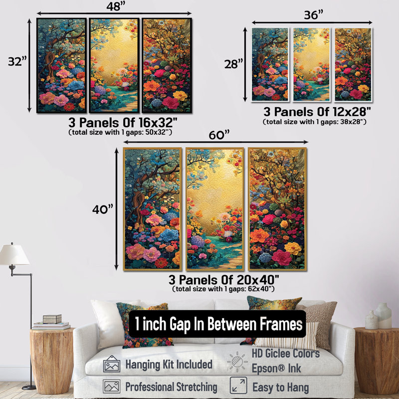 Ensemble de reproduction d'art mural, "Fleurs de campagne", H 28 po x l 36 po x P 1 po, Encadrement argenté