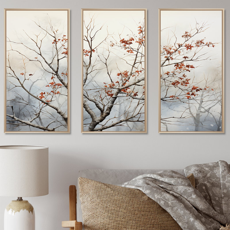Brun brun, oiseaux printaniers - art mural arbre, Cadre flottant brun, H 32 po x l 48 po x P 1 po
