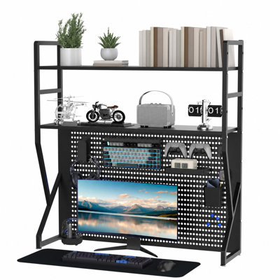 Desktop Hutch Bookshelf,Black Metal Desktop Bookcase with pegboard