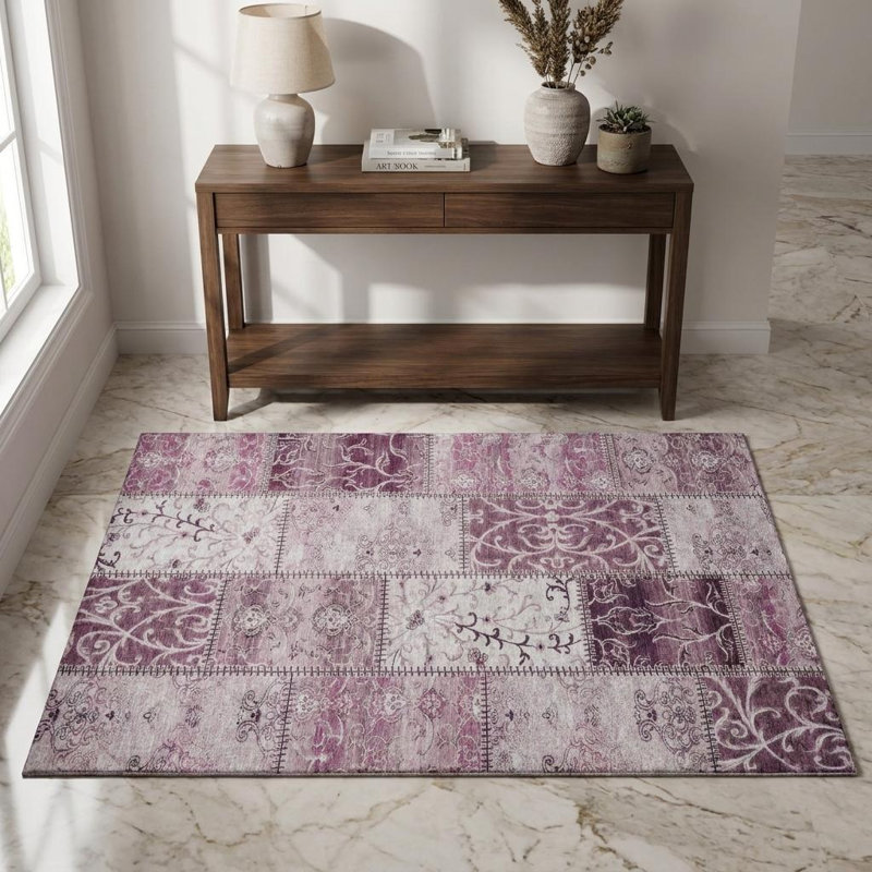 Tapis lavable patiné 3 pi x 5 pi bourgogne et ivoire avec protection UV