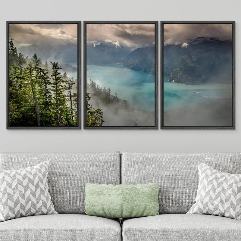 Nature paysage, art mural sur toile encadré, forêt lac brumeux, impression sur toile, décoration pour salon, Cadre noir