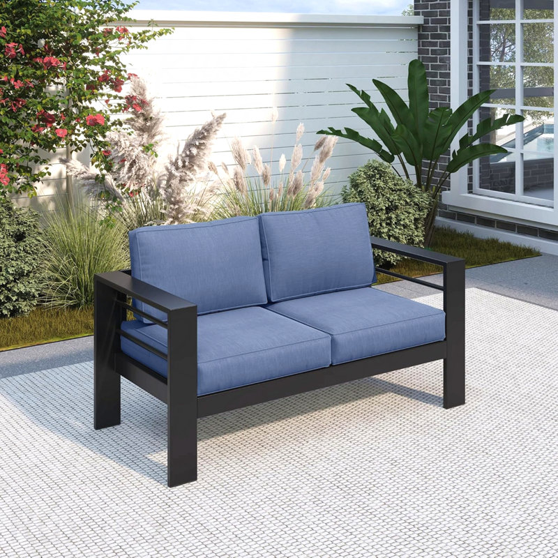 50" All-Weather Aluminum Patio Loveseat With Thick Blue Cushions & Black Frame, Blue, Black