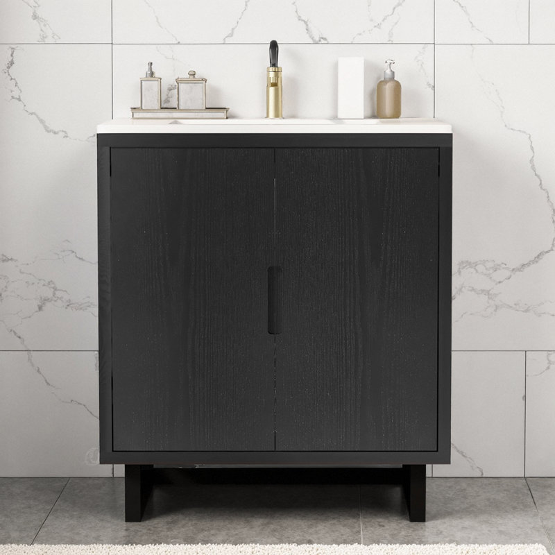 Ensemble de meuble-lavabo 30 po avec lavabo en résine, armoire en bois massif avec portes à fermeture en douceur, pieds en bois massif, rangement sous le comptoir, trou de robinet simple, style transitionnel pour petite salle de bain