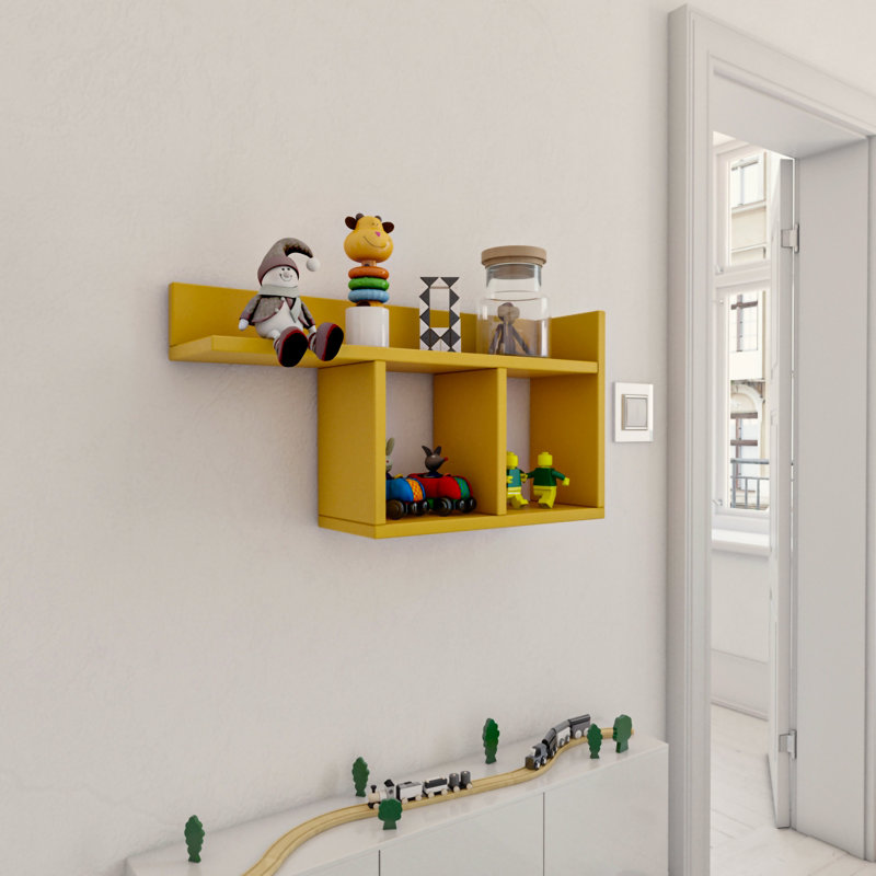Stylish Wall Shelf, Yellow, 28.3 x 14.6 x 7.1 inches | 100% Melamine Coated Particle Board, Thickness: 0.7 inches | Multiple Shelves, Wall-Mountable Design | Perfect for Home Decor & Organization