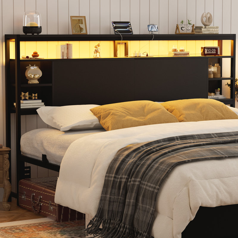 Wood Headboard with Led Lights & Charging Station, Black, Queen