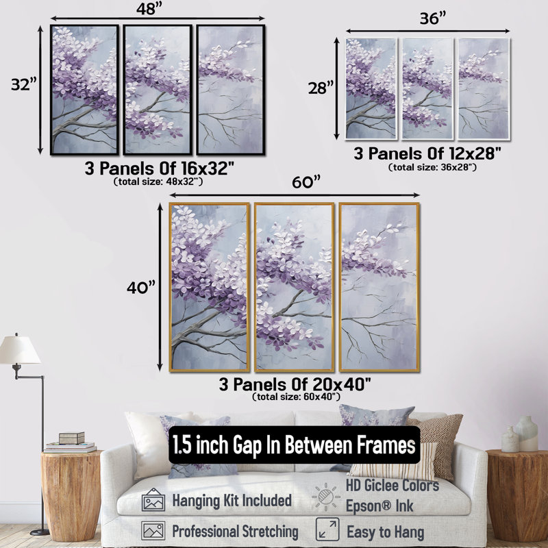 Ensemble d'art mural Maumelle - Lilas, H 40 po x l 60 po x P 1 po, Cadre flottant brun
