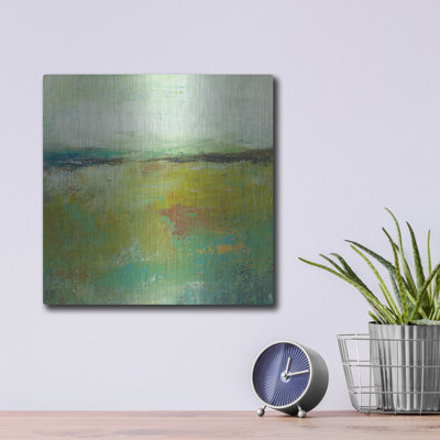 «Turquoise and Gold 1» par Lesley Birch, art mural en métal, 12 po x 12 po