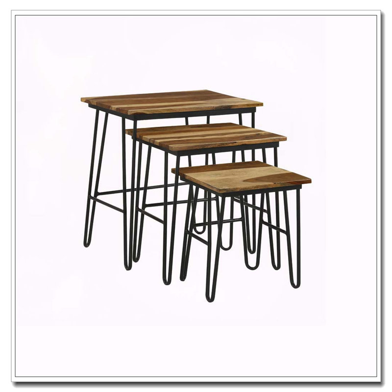 Natural And Black 3-Piece Nesting Table With Hairpin Legs
