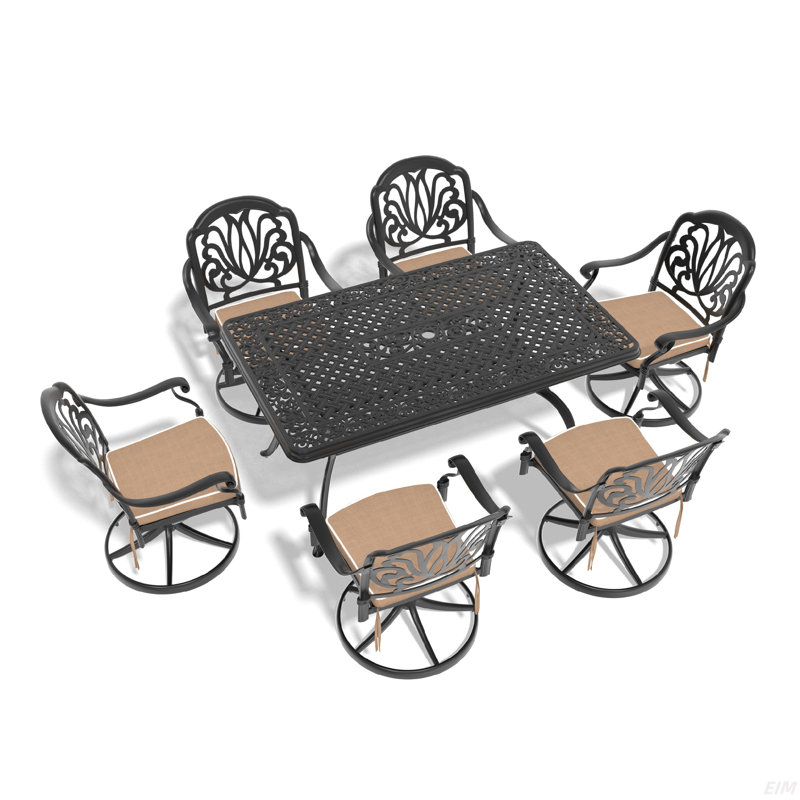 L'ensemble de salle à manger en fonte d'aluminium toutes saisons comprend des chaises pivotantes et une table avec un cadre noir