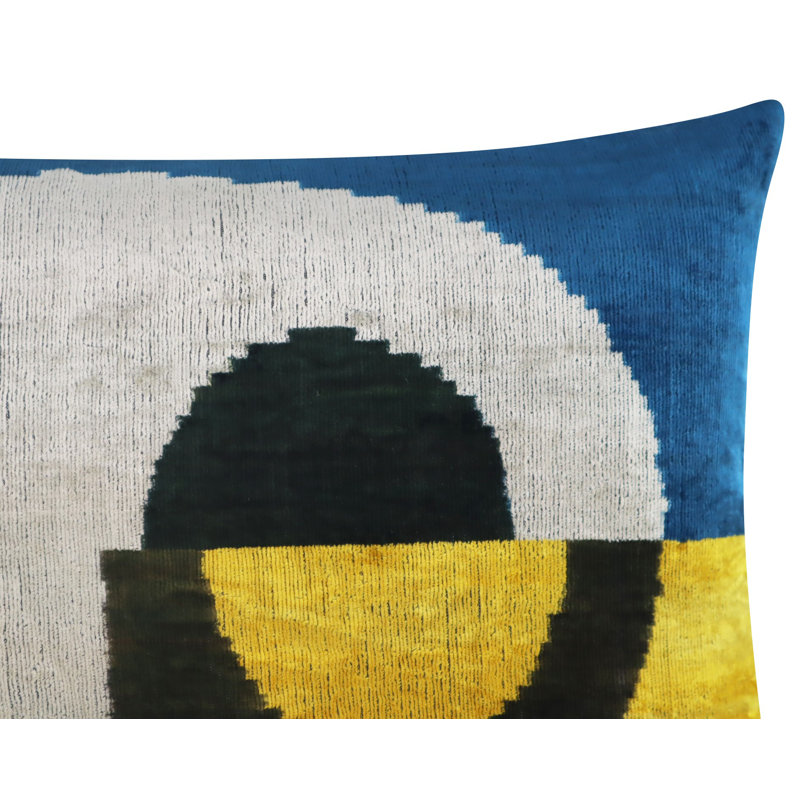 Velvet Lumbar Pillow Cover & Insert, Blue/Gray/Yellow Geometric 1