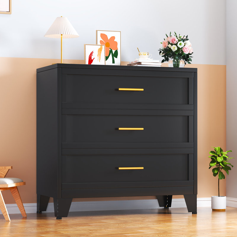 Black Metal Modern 3-Drawer Dresser with Gold Handles