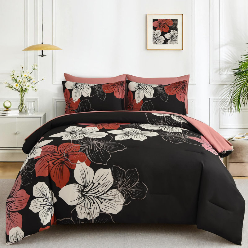 7 Piece Floral Comforter Set Soft Microfiber Bedding Set with Sheets for All Seasons, King Comforter + 6 Additional Pieces