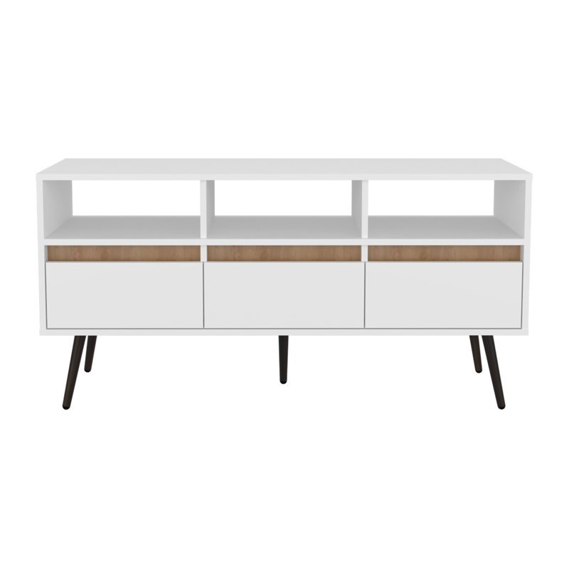Meuble télé 47 po avec éléments décoratifs - trois tiroirs et tablettes ouvertes, tiroirs en chêne naturel blanc, pour espace de vie