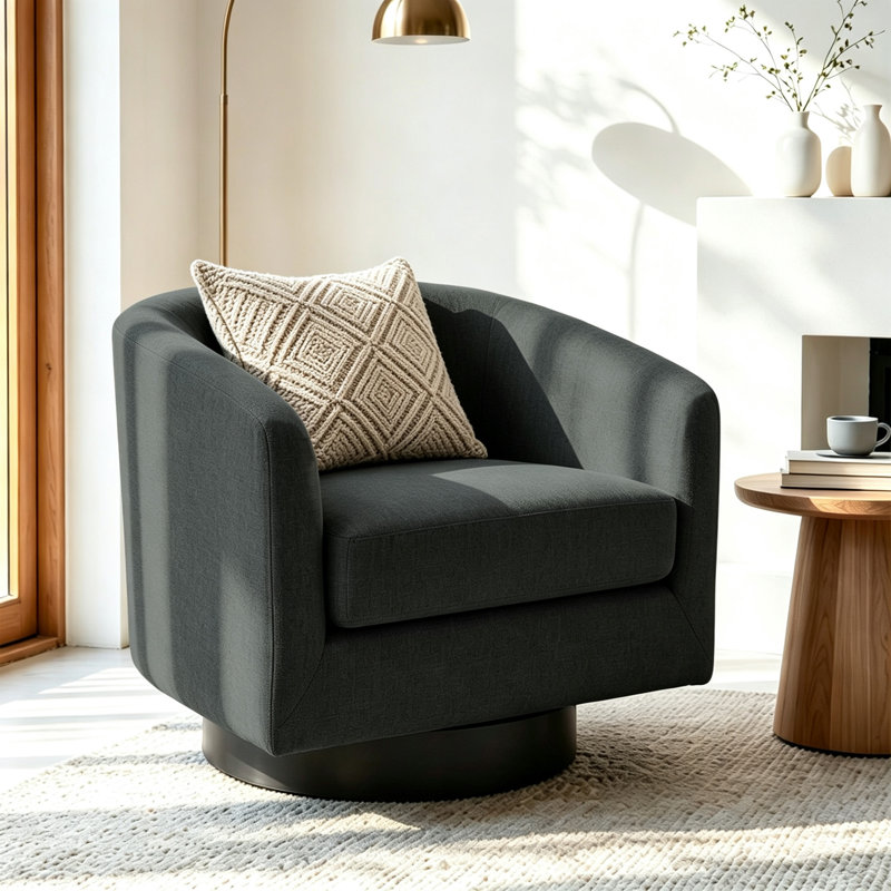 Applewold Upholstered Gray Chenille Swivel Barrel Chair with Solid Wood Base, Gray