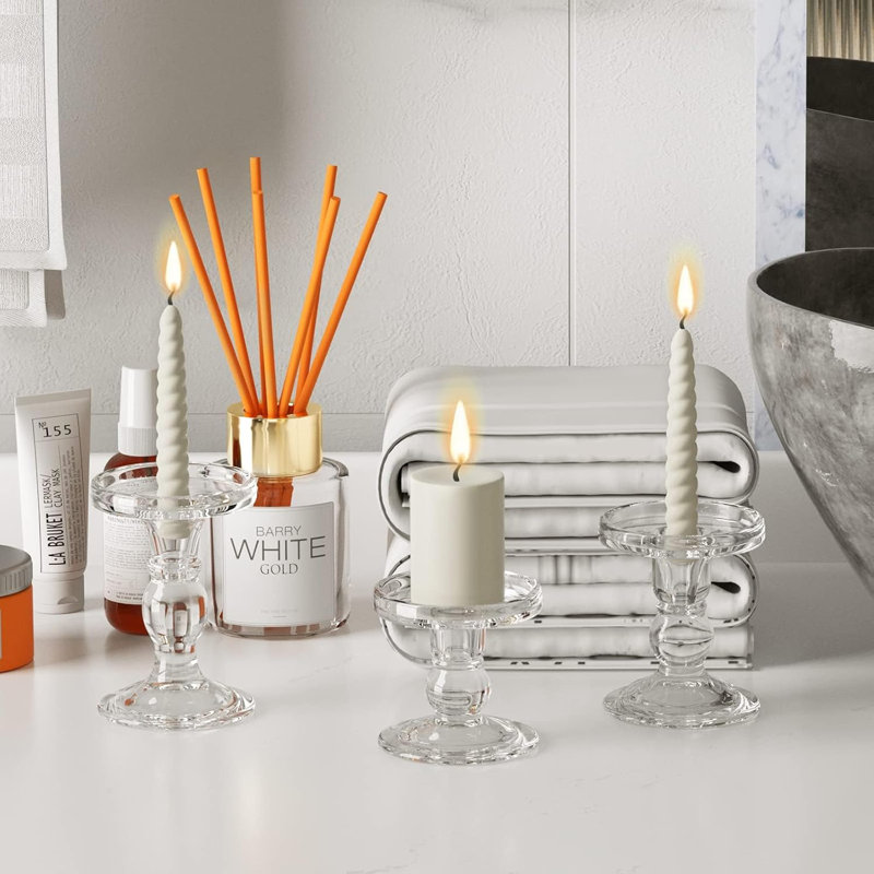 9 Pcs Clear Glass Candle Holders Set Fits Taper
