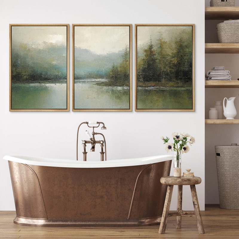 Abstract Landscape " Emerald Green Pastel Pine Tree Forest Nature Rustic " 3 - Pieces, Natural, Floater Framed Print