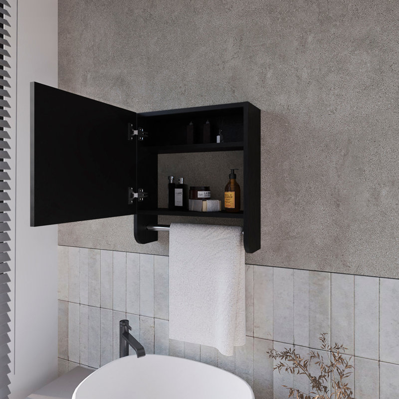 Pine Medicine Cabinet In Melamine With A Towel Bar And Included Mirror, Black, Black