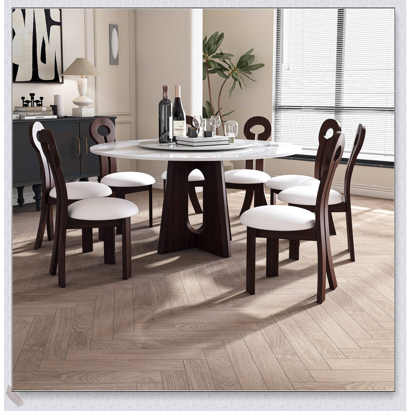 Table de salle à manger moderne en pierre frittée moderne avec base en noyer massif, durable et élégante pour 6 à 8 personnes